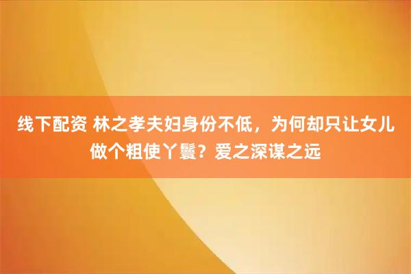 线下配资 林之孝夫妇身份不低，为何却只让女儿做个粗使丫鬟？爱之深谋之远